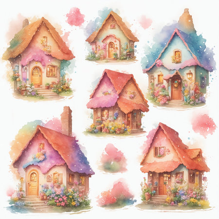 Watercolor illustration of a set of houses in pastel colors.の写真素材
