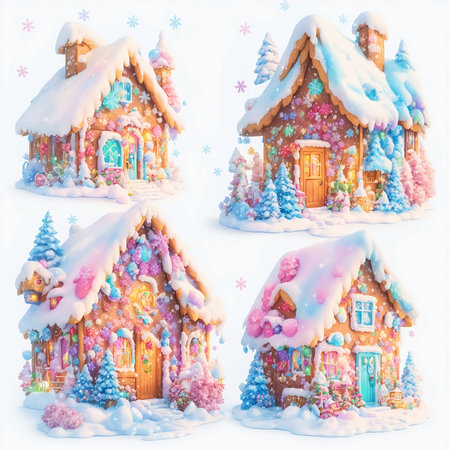 Christmas gingerbread houses in the snow. Christmas and New Year background.の写真素材