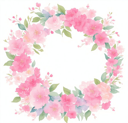 Watercolor floral wreath with pink and blue flowers on white backgroundの写真素材