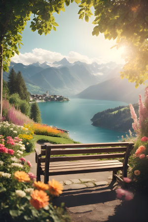Bench on the background of the lake and mountains in the morning.の素材