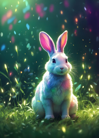 Cute white rabbit sitting on the grass with colorful bokeh backgroundの素材