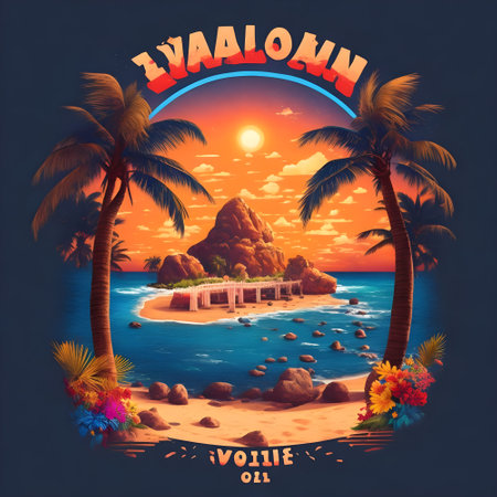 Tropical island with palm trees and sunset. Vector illustration.の素材