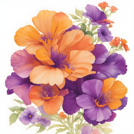 floral background: bouquet of violet, orange and yellow flowersの素材