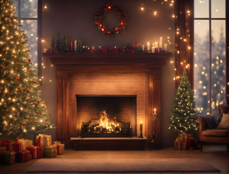 Christmas tree with presents and fireplace in living room. 3d renderingの素材