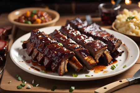 Baked pork ribs with sweet and sour sauce served with rice.の素材