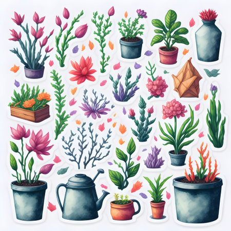 Set of watercolor flowers and plants in pots. Vector illustration.の素材