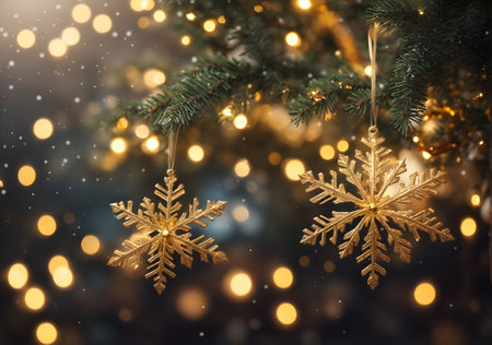 Golden snowflakes hanging on Christmas tree with bokeh backgroundの素材
