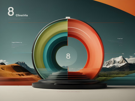 Mountain landscape with a round podium. 3D rendering, 3D illustration.の素材