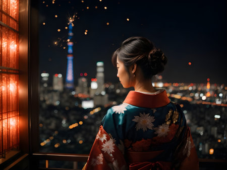 Asian woman wearing kimono looking at view of the city at nightの素材