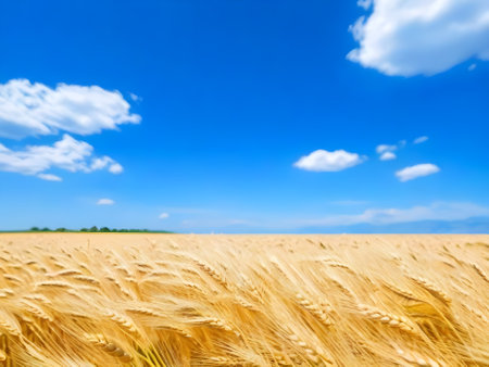 golden wheat field and blue sky with white clouds, agricultural backgroundの素材
