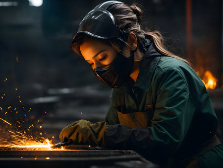 Female welder in protective mask welds metal at construction site.の素材