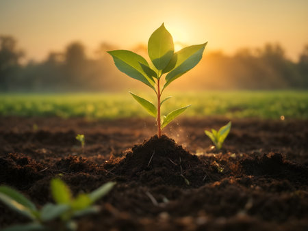 Green seedling growing on fertile soil with sunlight at sunset or sunriseの素材