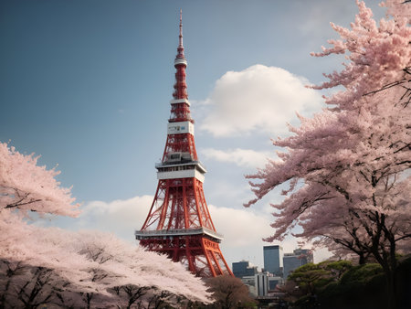 Tokyo Tower and cherry blossoms in spring, Tokyo, Japanの素材