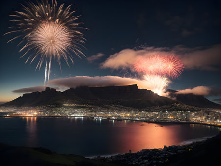 New Year Eve fireworks over Table Mountain, Cape Town, South Africaの素材