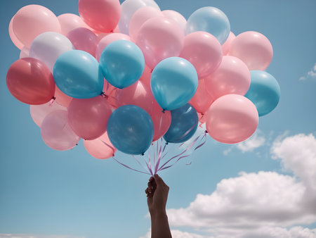 Close up of female hand holding colorful balloons against blue sky with cloudsの素材