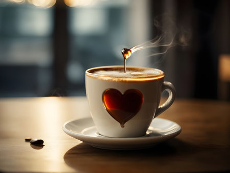 Cup of coffee with heart shape and smoke on wooden table in cafeの素材