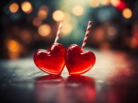 Valentines day background with two red hearts on bokeh backgroundの素材