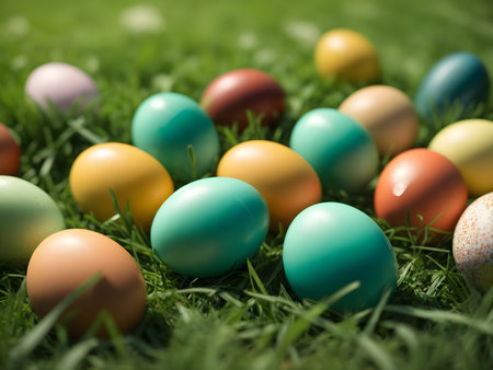 Colorful easter eggs on green grass, shallow depth of fieldの素材