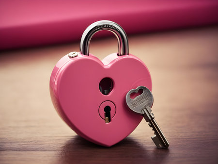 Pink padlock in the shape of a heart with keys on a wooden backgroundの素材