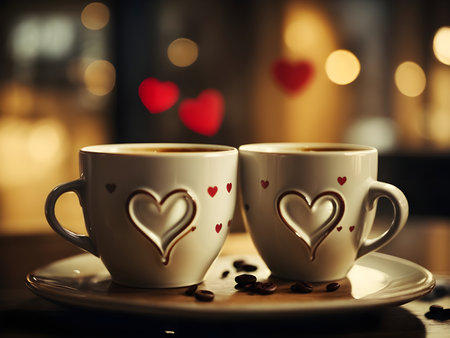 Two cups of coffee with hearts on the background of a cafe.の素材