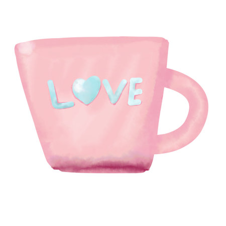 Watercolor pink cup with love lettering on a white background.のイラスト素材