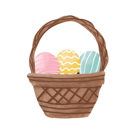 Basket with Easter eggs. Hand drawn vector illustration isolated on white background.のイラスト素材