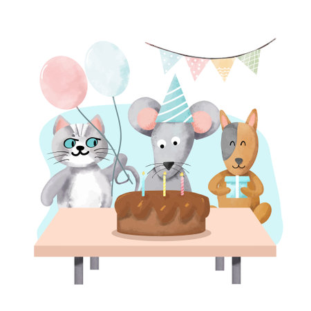 birthday party with cat, mouse, rat and dog vector illustration designのイラスト素材
