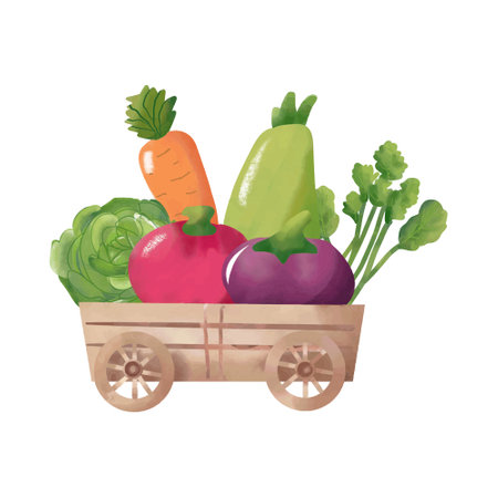 Fresh vegetables in a cart on a white background. Vector illustration.のイラスト素材