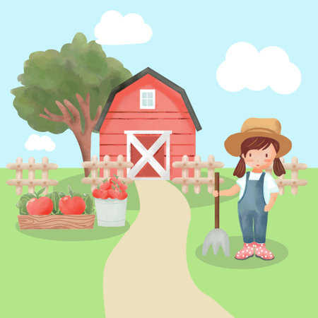Farmer girl working in the garden. Vector illustration in cartoon styleの写真素材