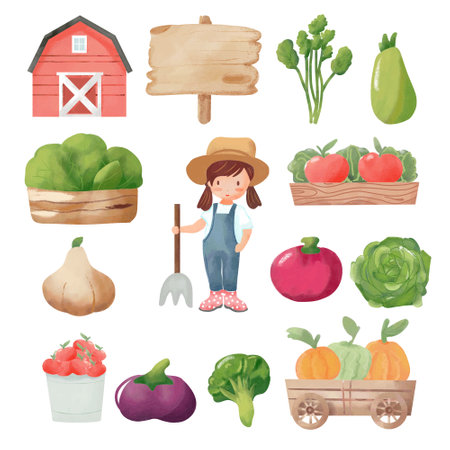 Farmers set. Cute cartoon farm worker with vegetables. Vector illustrationの写真素材