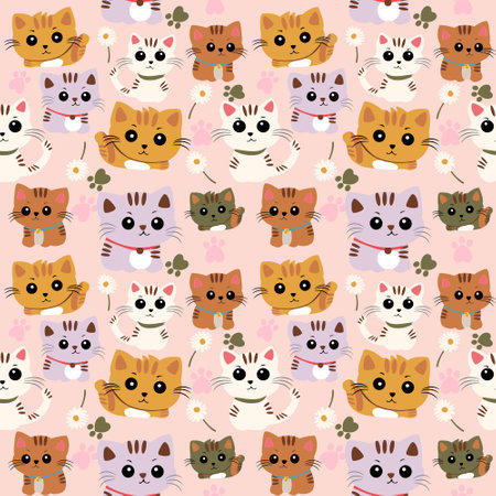 Seamless pattern with cute cats on pink background. Vector illustration.の写真素材