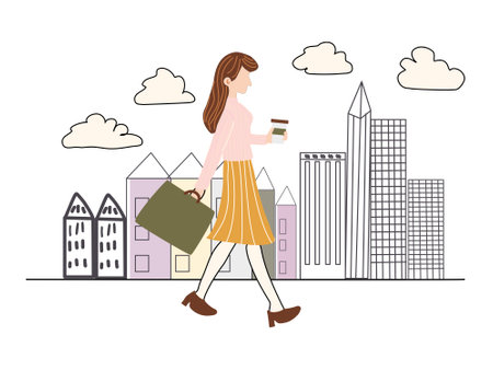 Woman walking with coffee and bag in the city. Vector illustration.のイラスト素材
