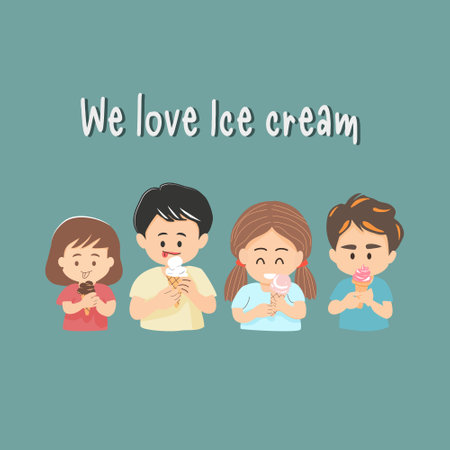 Illustration of Stickman Kids Eating Ice Cream with Words We Love Ice Creamのイラスト素材
