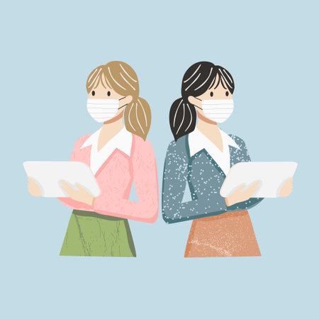Women wearing a mask and using a tablet computer. Vector illustration.のイラスト素材