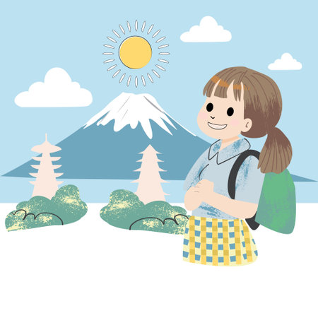 Girl with backpack on the background of the Fuji mountain.のイラスト素材