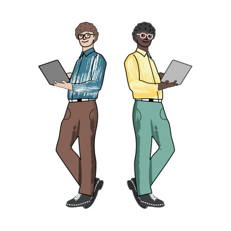 Vector illustration of a man with a laptop and a man with glasses.のイラスト素材