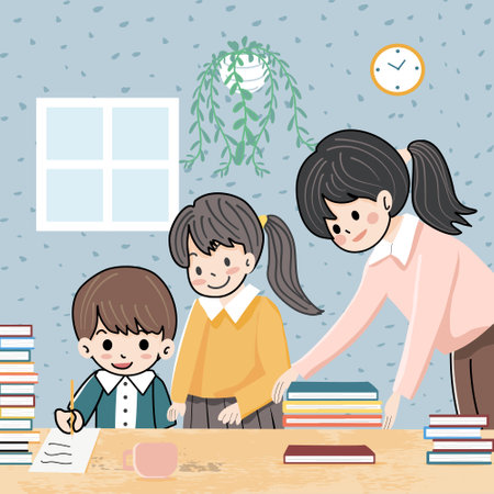 Mother help children doing homework at home. Vector illustration in cartoon style.のイラスト素材