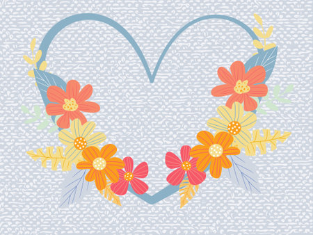 Floral heart on gray knitted background with flowers. Vector illustration.のイラスト素材