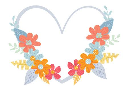 Heart shaped frame with flowers and leaves. Vector clip art illustration.のイラスト素材