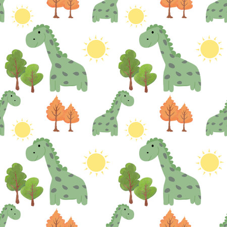 Seamless pattern with cute dinosaurs and trees. Vector illustration.のイラスト素材
