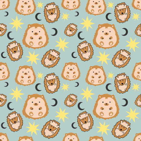 Seamless pattern with cute lion, moon and stars. Vector illustration.のイラスト素材