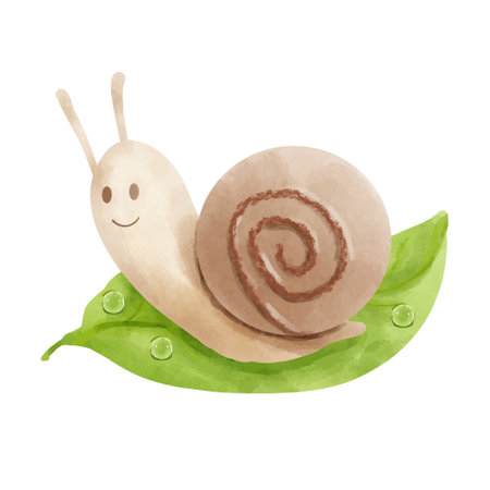 Cute cartoon snail on green leaf, watercolor vector illustration.のイラスト素材
