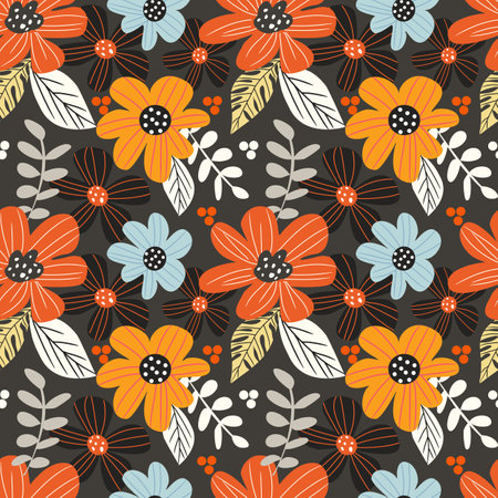 Seamless pattern with flowers and leaves on dark background.のイラスト素材