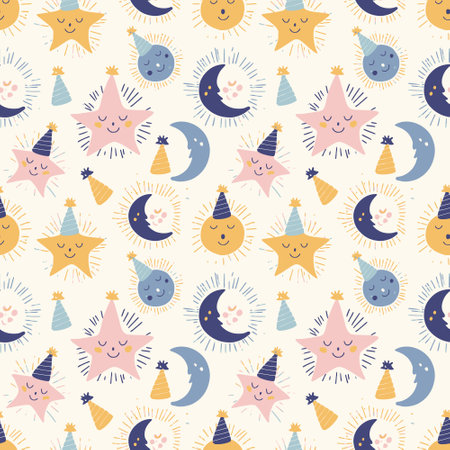 Seamless pattern with cute hand drawn moon, stars, clouds, party hats.のイラスト素材