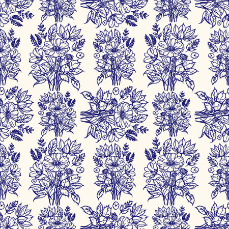 Seamless pattern with outlined flowers. Floral background.のイラスト素材