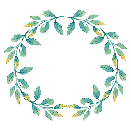 Round frame with hand drawn leaves and branches. Vector clip art.のイラスト素材