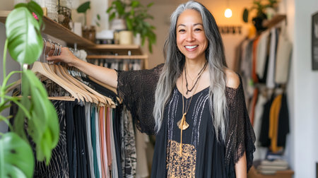 Portrait of a beautiful mature asian woman in a boutique.の素材