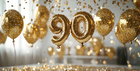 Number 90 gold foil balloon party decoration. Anniversary celebration. 3D Renderの素材