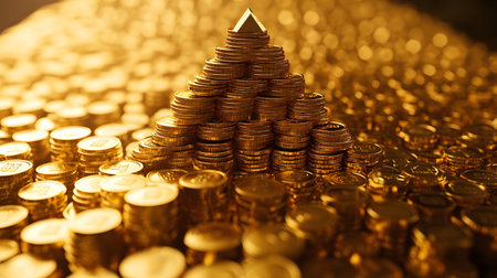 Golden coins in a pyramid shape. Business and financial success concept.の素材
