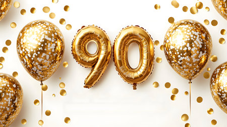Number 90 gold foil balloon. Birthday or anniversary party decoration. 3D Renderの素材